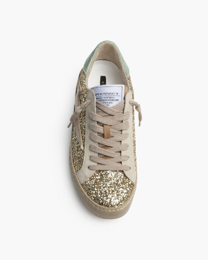 Sapatilhas Glitter dourado com raio Beje e verde atrás
