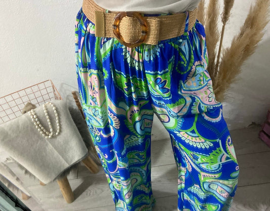 Pantalonas azulão estampado paisley colorido com cinto