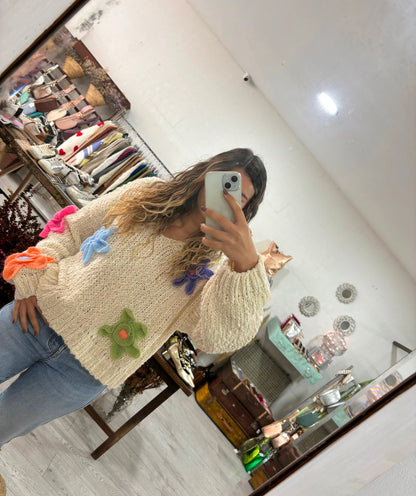 Camisola malha bege flores coloridas