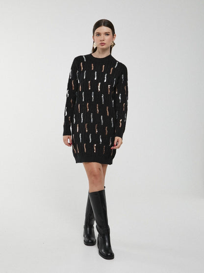 Vestido Camisolão camel com lantejoulas bronze e prata