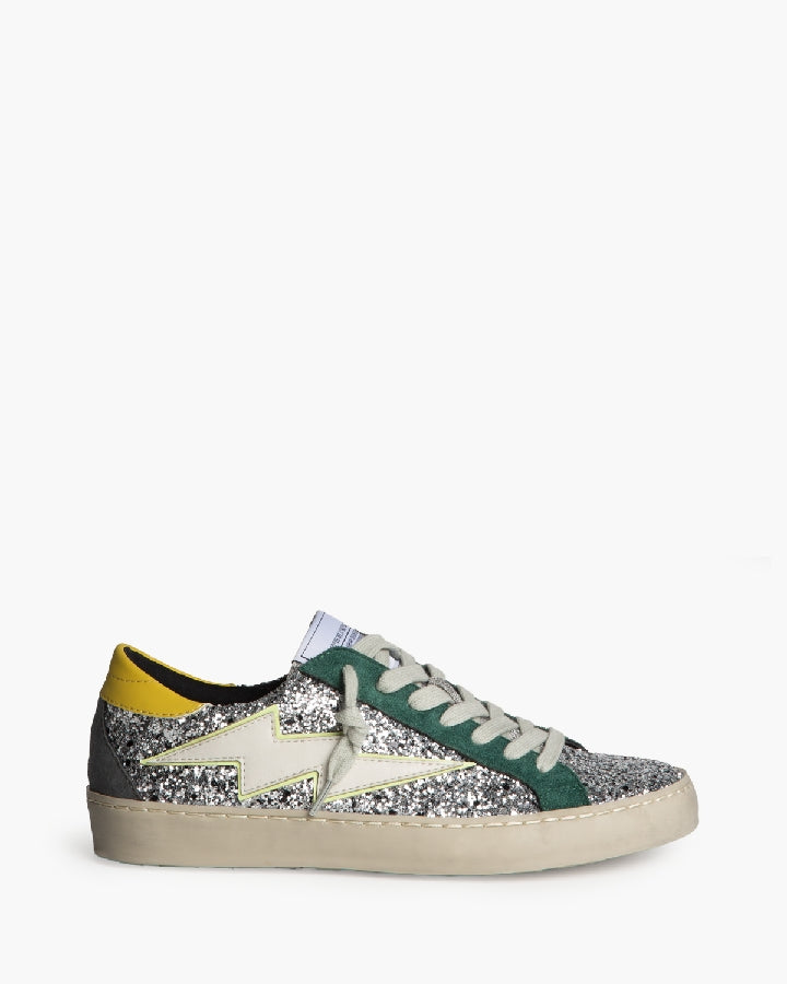 Sapatilhas glitter prata com raio e pormenores verde e amarelo