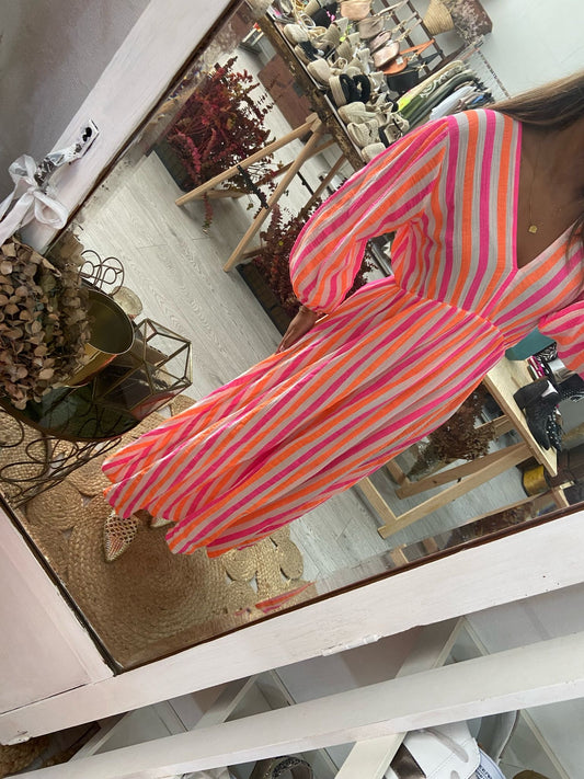 Vestido algodão riscas laranja/rosa