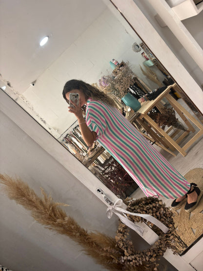 Vestido/Kaftan riscas verde/rosa