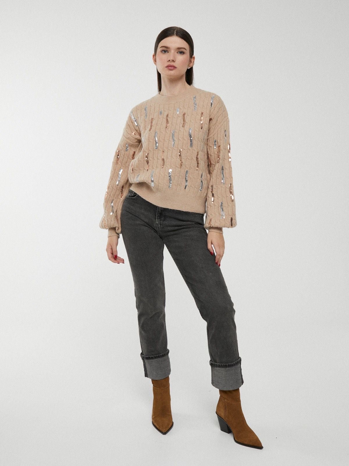 Camisola cru lantejoulas bronze e prata