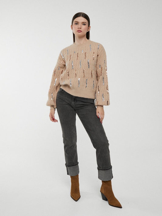 Camisola bege lantejoulas bronze e prata