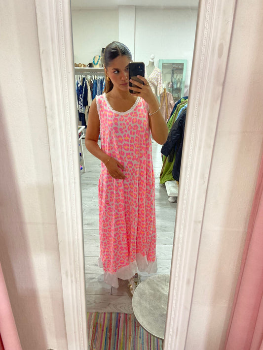 Vestido animal print rosa/laranja folho