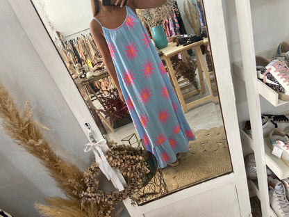 Vestido bege com sol rosa/laranja