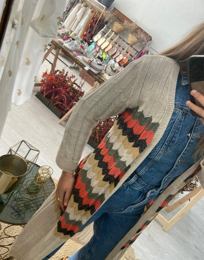 Kimono midi bege ziz zag tricolor lurex