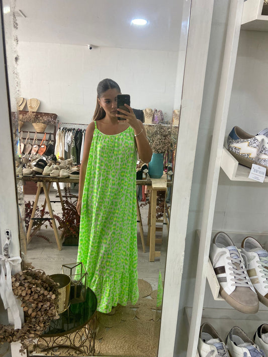 Vestido animal print amarelo/ verde costas abertas