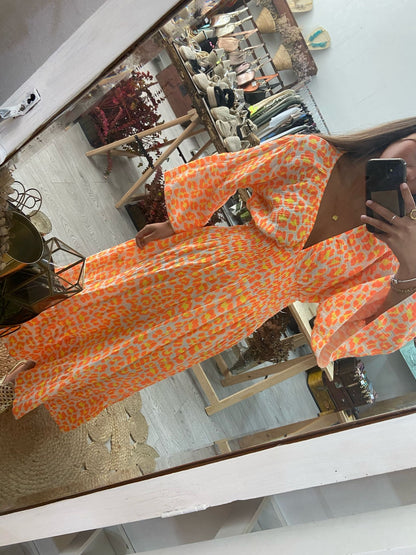 Vestido algodão rosa animal print lilás/amarelo