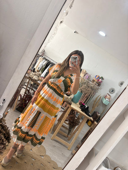 Vestido estampado geométrico rosa/laranja/verde
