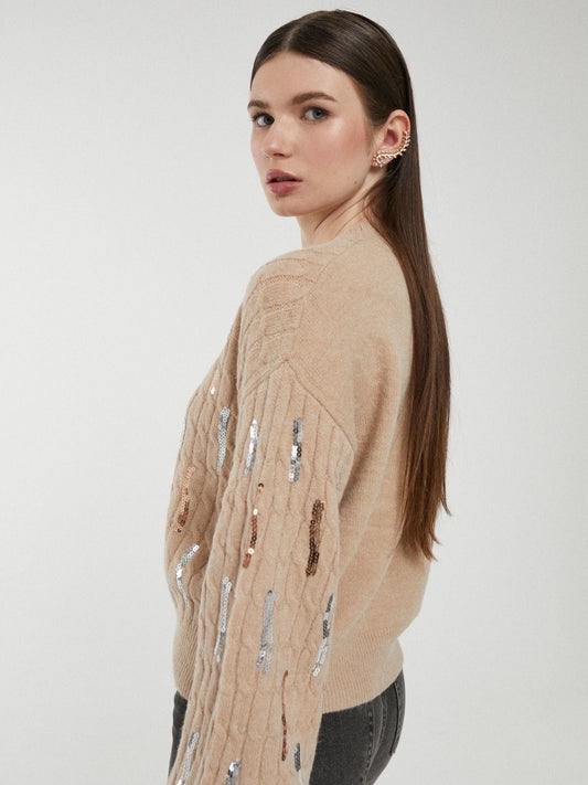 Camisola bege lantejoulas bronze e prata