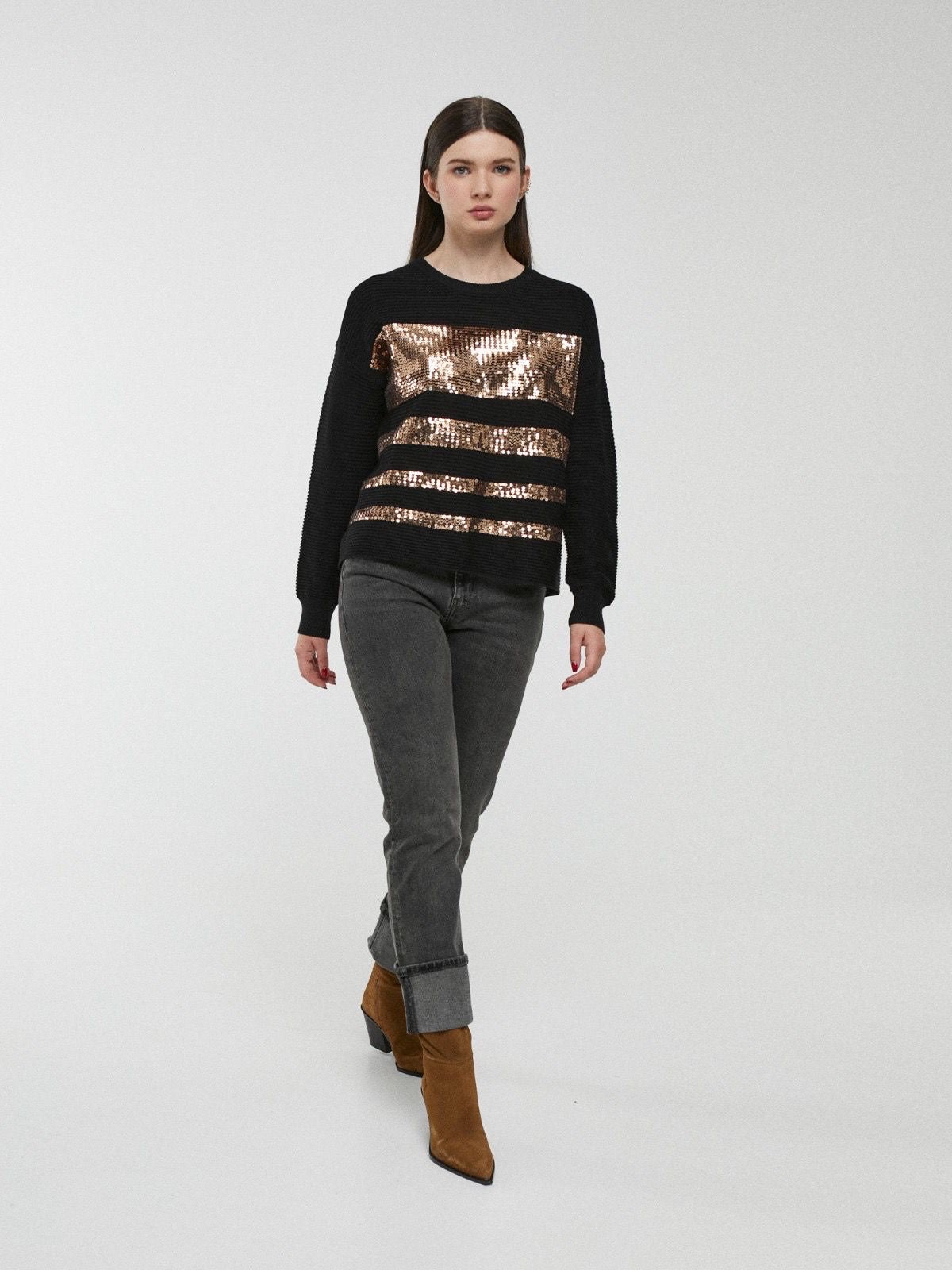 Camisola camel canelada com lantejoulas bronze às riscas