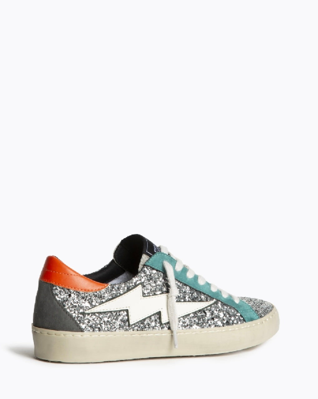 Sapatilhas glitter prata raio branco com detalhes laranja e esmeralda