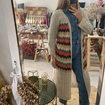 Kimono midi bege ziz zag tricolor lurex