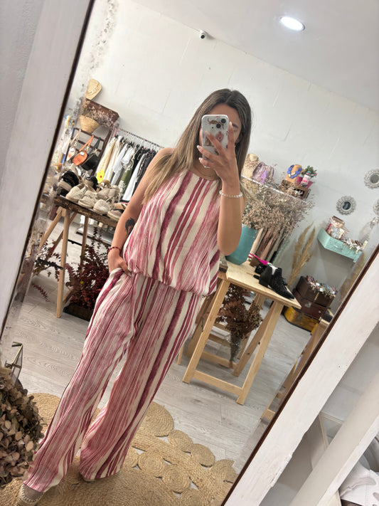 Conjunto túnica e calças riscas rosa