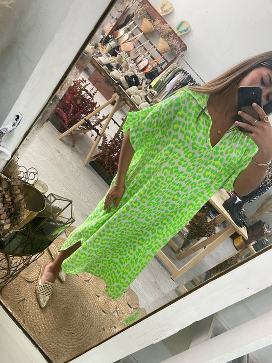 Vestido/kaftan animal print verde/amarelo néon
