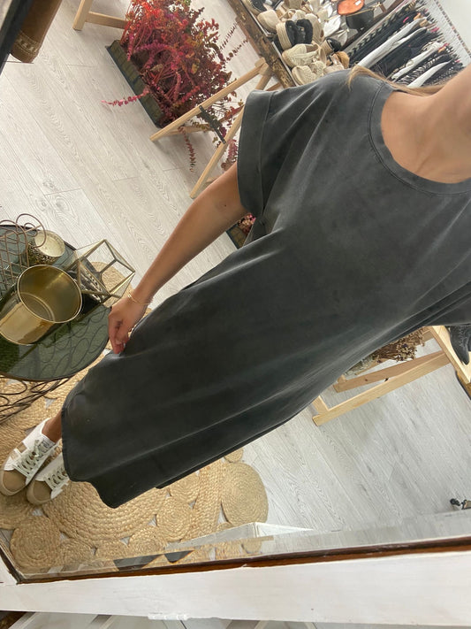 Vestido algodão cinzento com dobras nas mangas