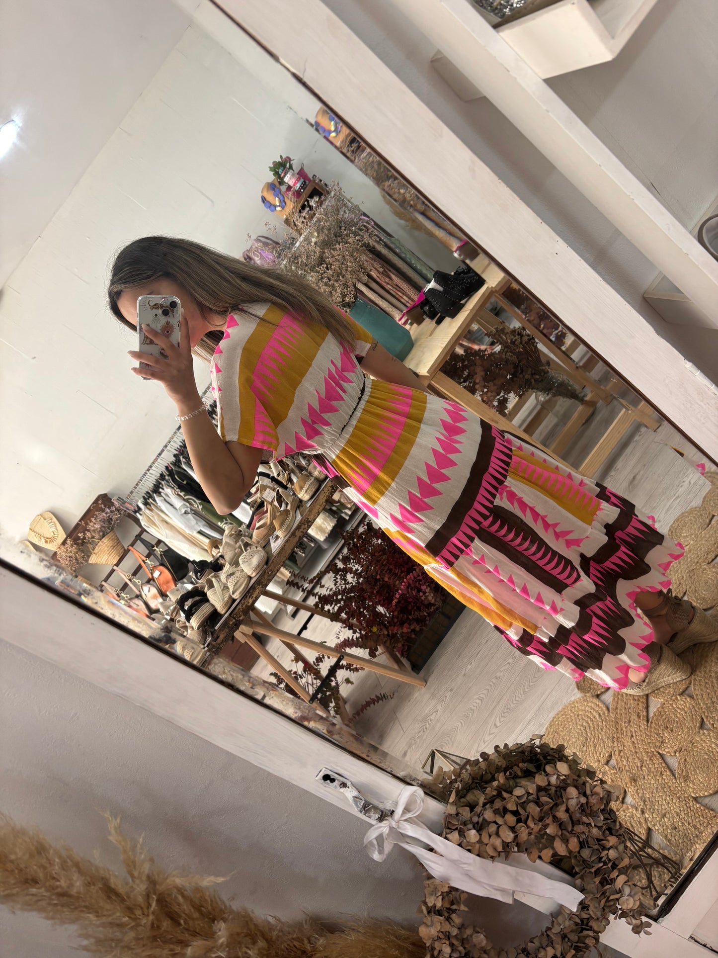 Vestido estampado geométrico rosa/laranja/verde