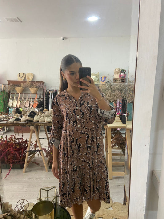 Vestido estampado flores castanho/preto