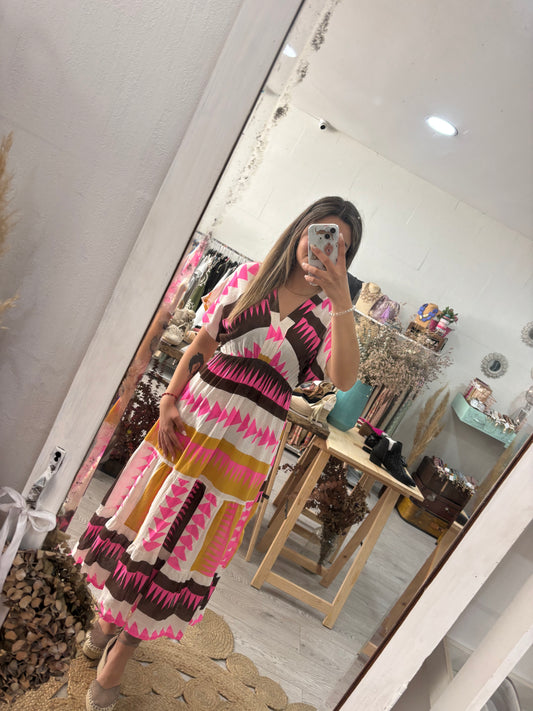 Vestido estampado geométrico castanho/rosa/mostarda