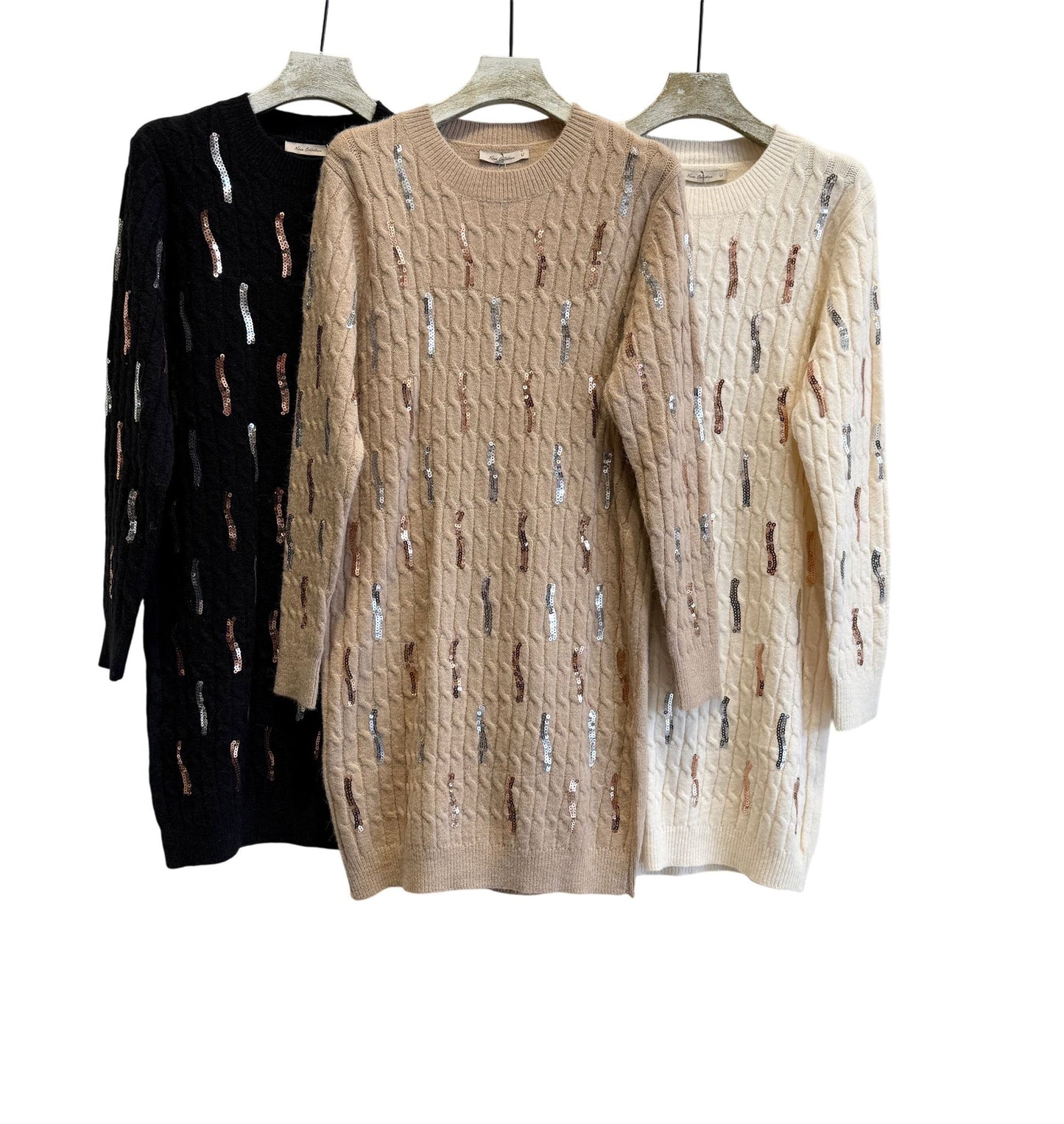 Vestido Camisolão camel com lantejoulas bronze e prata