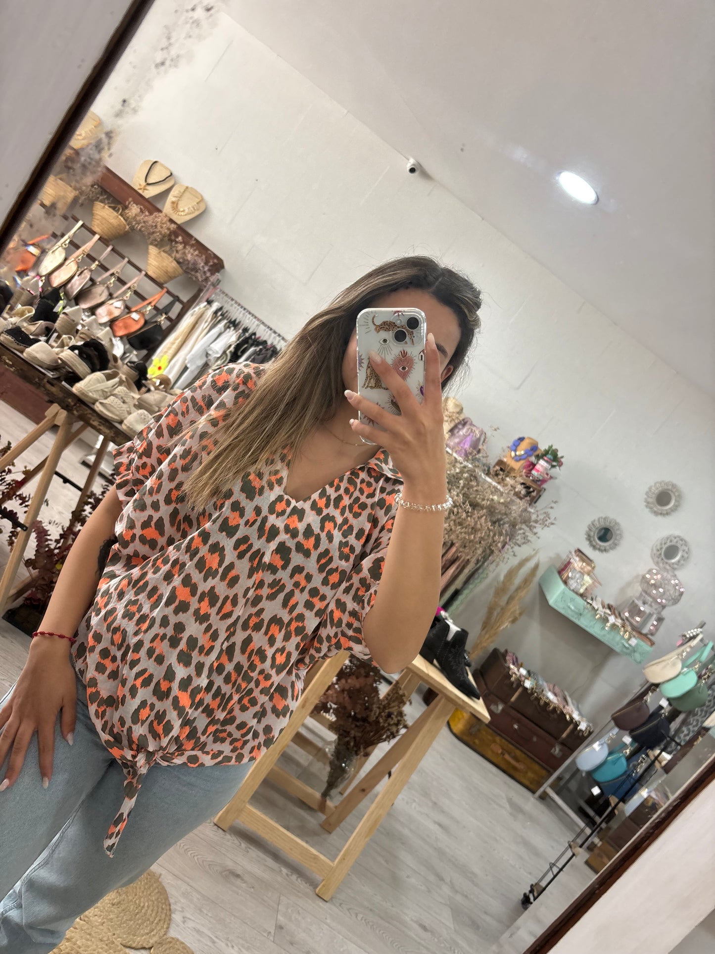 Túnica animal print laranja/caqui com nó