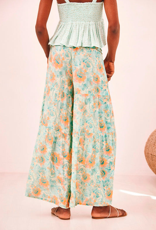 Pantalonas manchado turquesa e laranja e bordados na cintura  NI.Lotha