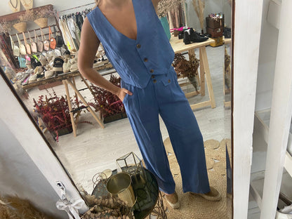 Conjunto Colete e calças caqui em linho