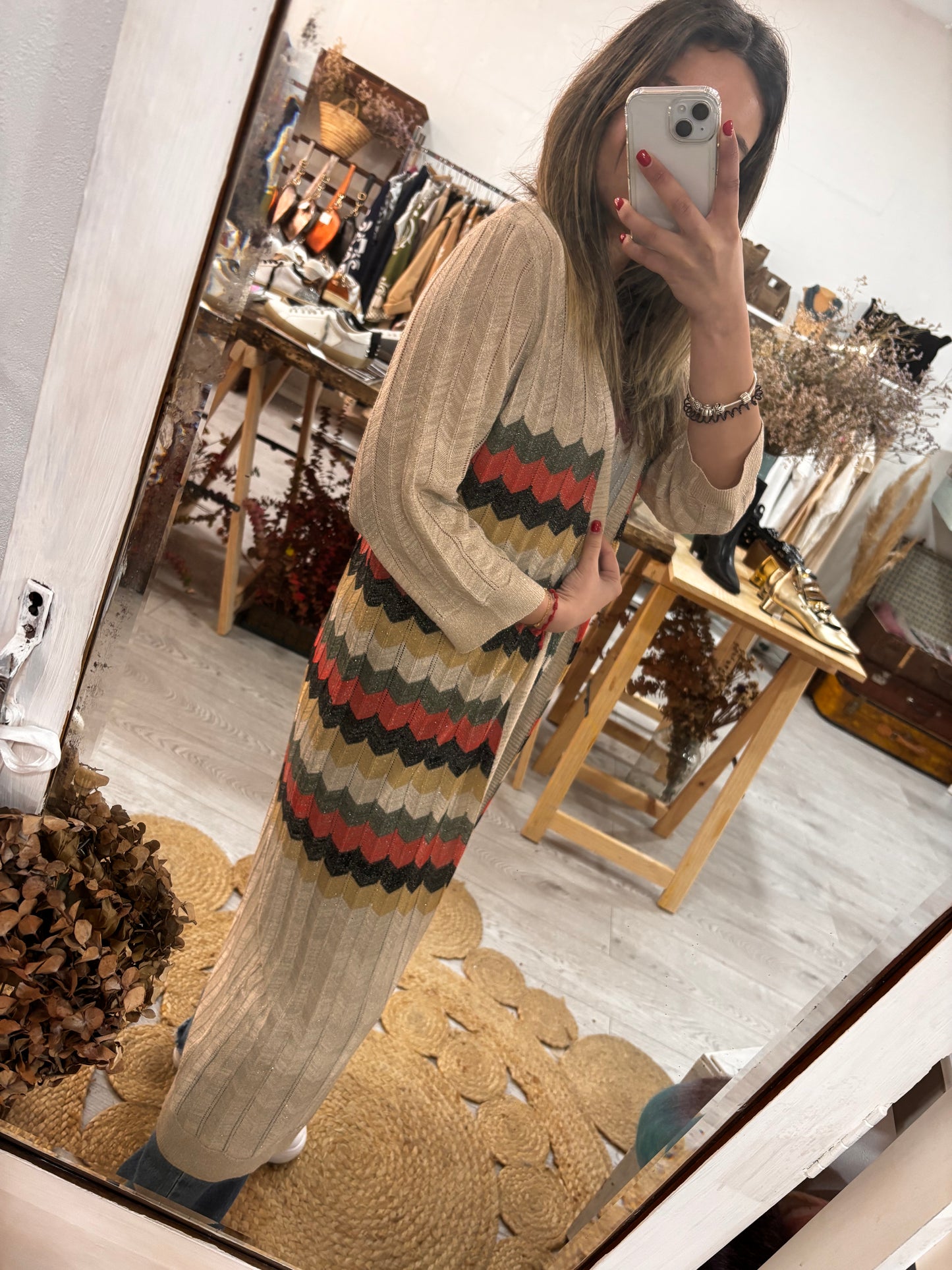 Kimono midi preto ziz zag tricolor lurex