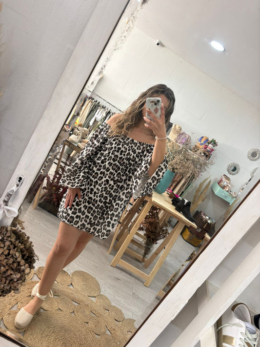 Vestido animal print taupe/preto ombros elásticos