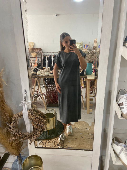 Vestido algodão cinzento com dobras nas mangas