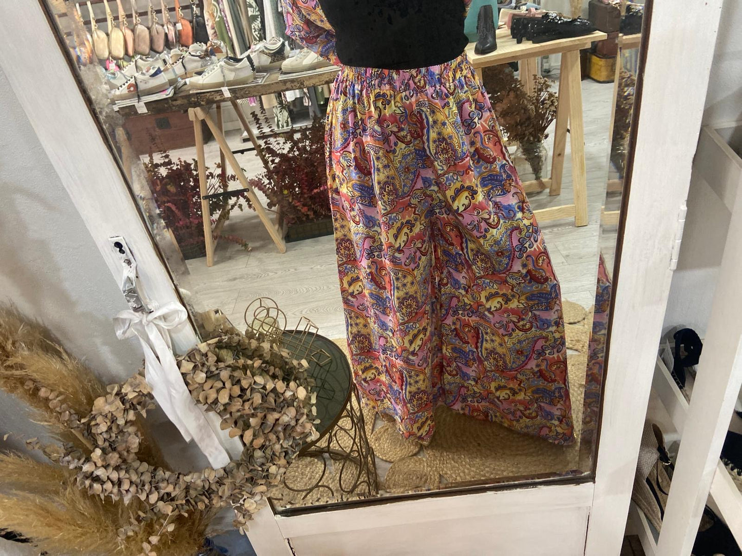 Conjunto Kimono e calças estampado étnico laranja/turquesa