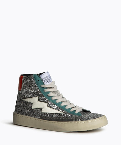 Botas Sapatilha glitter prata raio branco pormenores esmeralda