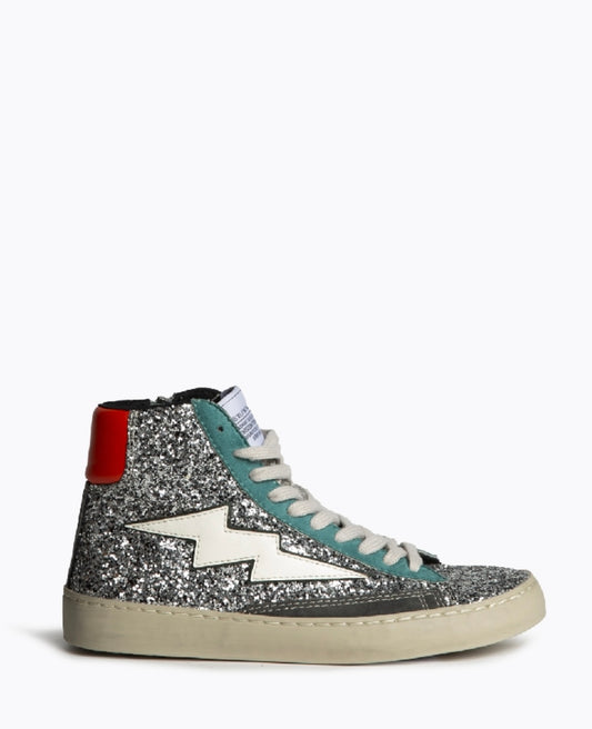 Botas Sapatilha glitter prata raio branco pormenores esmeralda